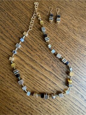 Vintage, Retired Brighton “Silent Code” Mixed Metal Cube Necklace & Earrings Set